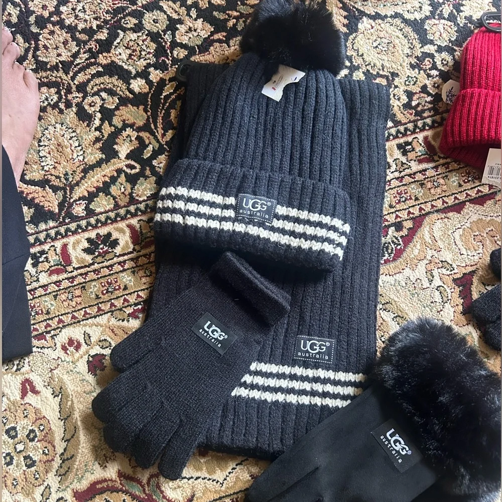 BUY NOW stylish, black, and white UGG hat, and scarf set with gloves